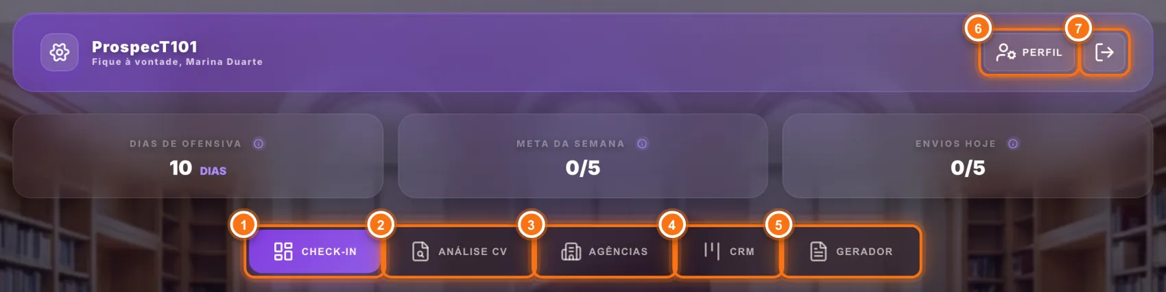 Cabeçalho do ProspecT101 com as sete opções de navegação numeradas