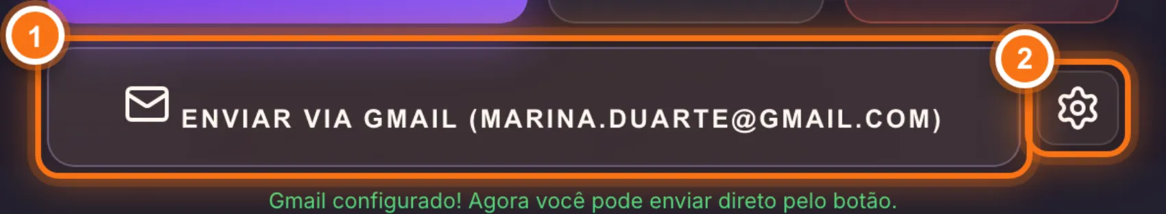 Área de envio via Gmail já configurada, com o botão Enviar via Gmail e o ícone para trocar o e-mail numerados